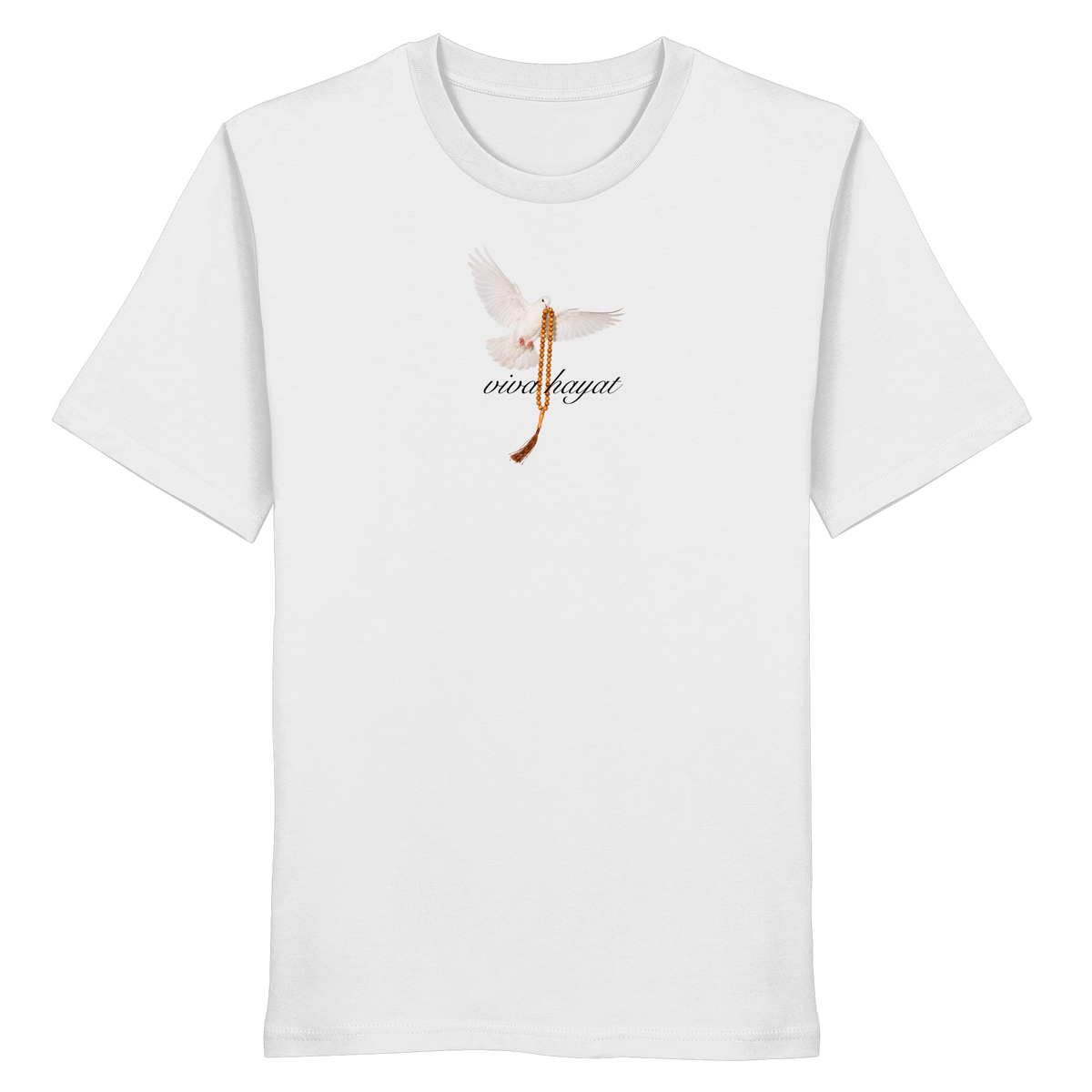 Weißes T-Shirt Freedom mit Taube, die eine Tasbih trägt, über dem viva hayat Schriftzug