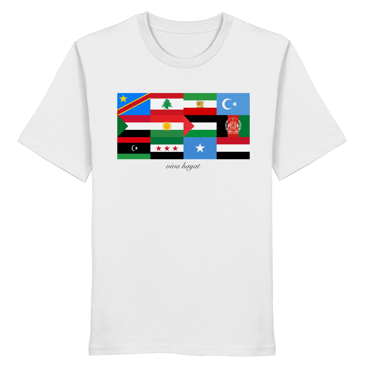 Weißes T-Shirt United mit zwölf Flaggen im Raster, darunter der viva hayat Schriftzug