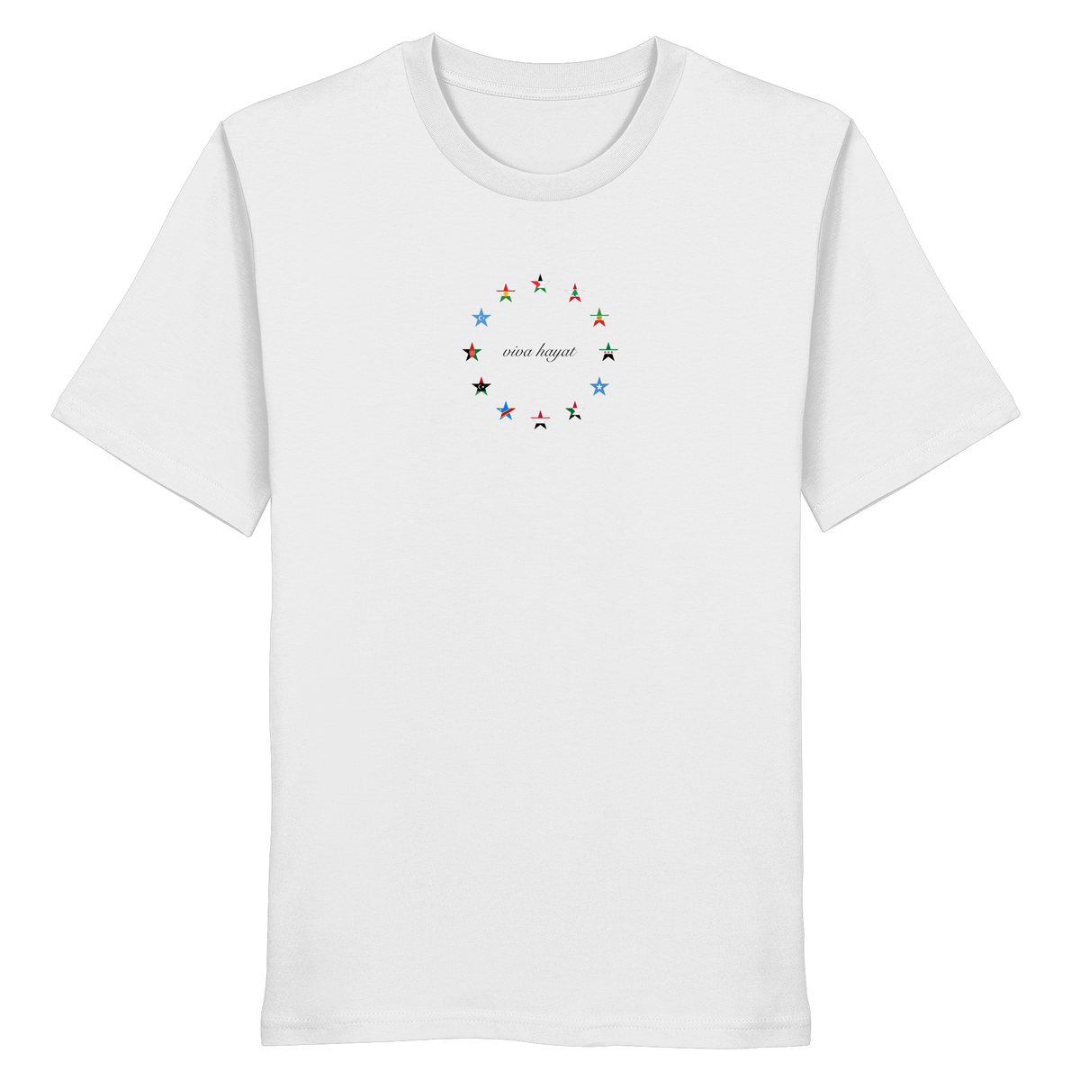 Weißes T-Shirt AllStar mit einem Kreis aus zwölf Sternen in Flaggenfarben um den viva hayat Schriftzug