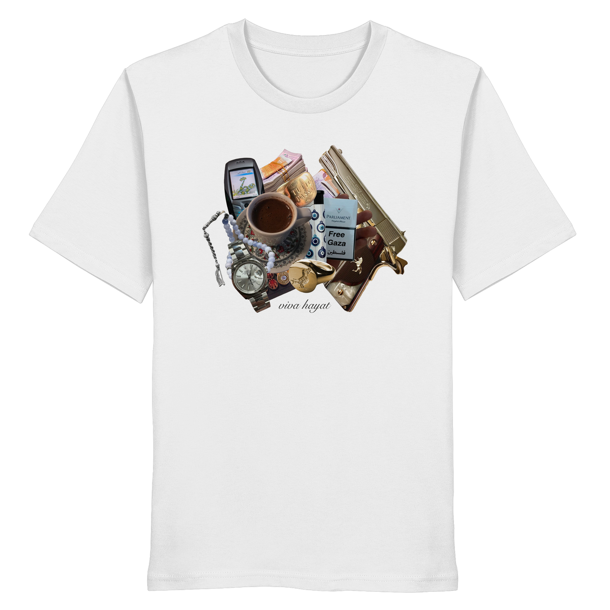 Weißes T-Shirt Essentials mit Collage aus Handy, Mokka, Tasbih, Nazar und Uhr